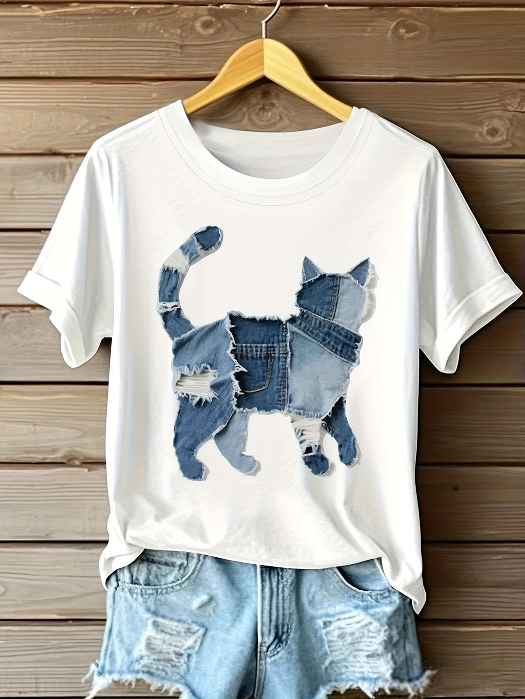 Araceli - Camiseta con Gráfico de Gato en Parchwork de Denim - Van Moreau Utrecht