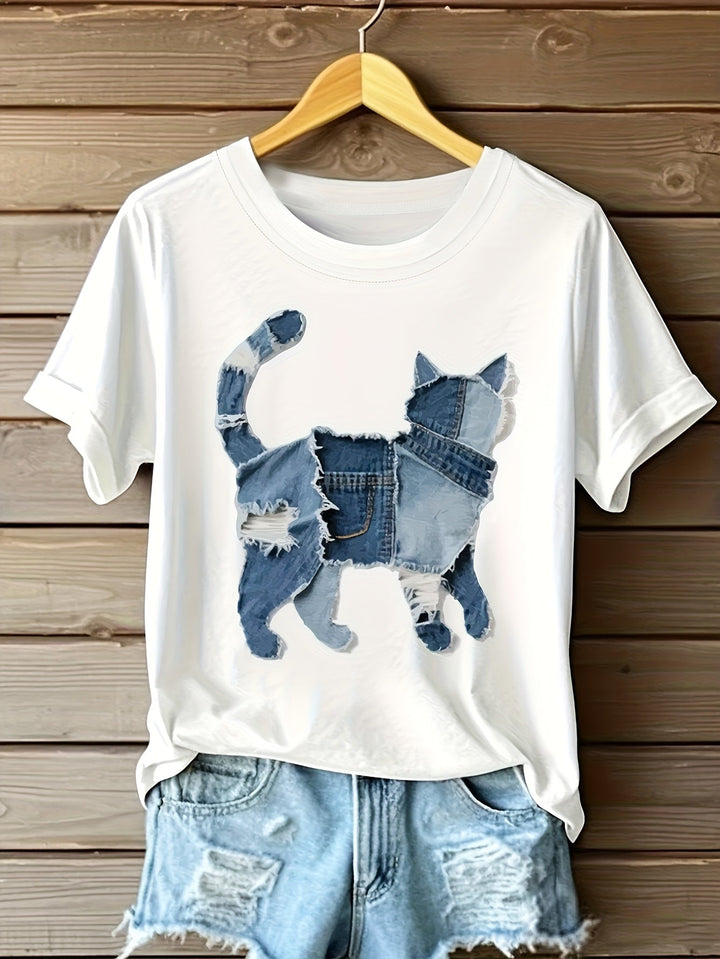 Araceli - Camiseta con Gráfico de Gato en Parchwork de Denim - Van Moreau Utrecht