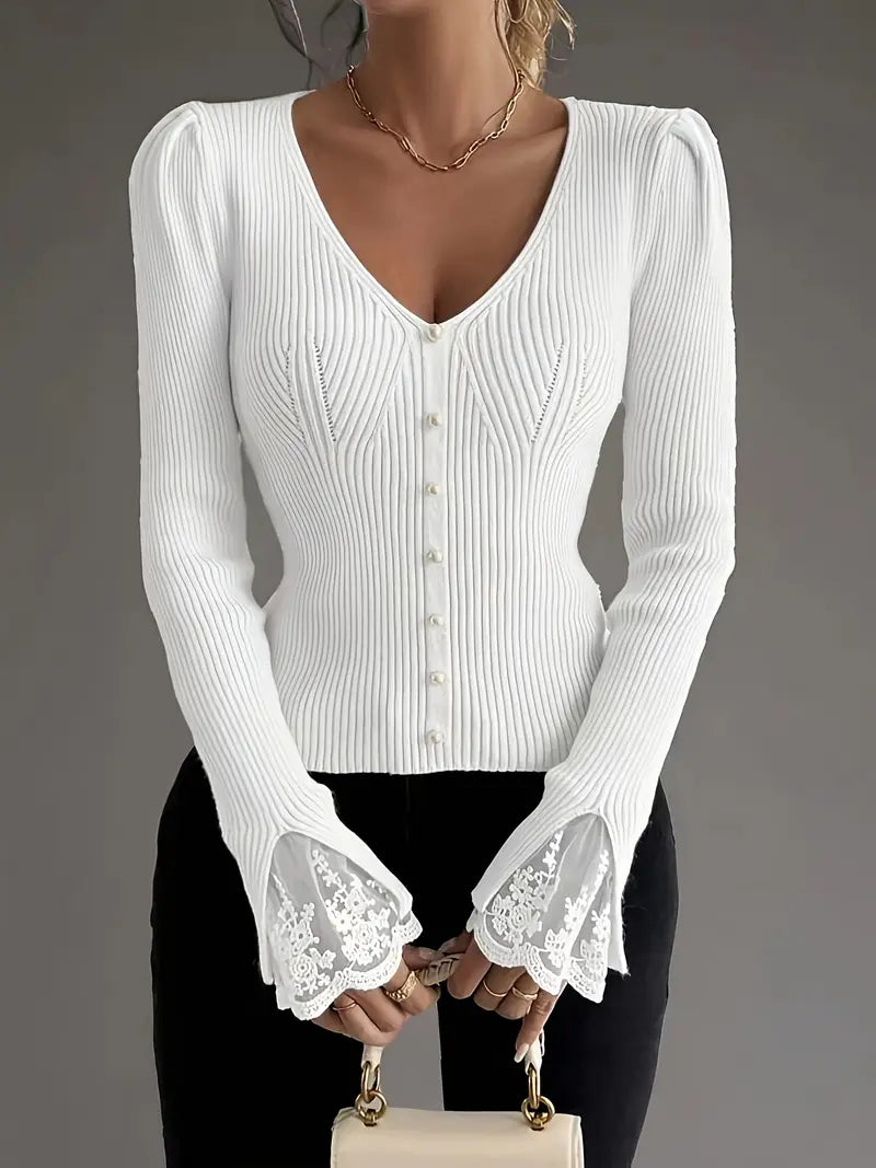 Jersey Elegante de Canalé con Encaje Floral - Van Moreau Utrecht