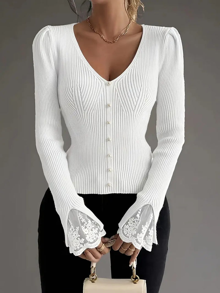 Jersey Elegante de Canalé con Encaje Floral - Van Moreau Utrecht