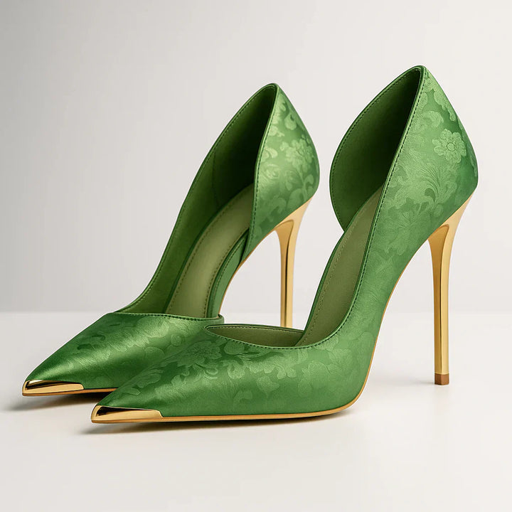 Verde Éclat™ – Tacones de Satén con Punta Dorada - Van Moreau Utrecht