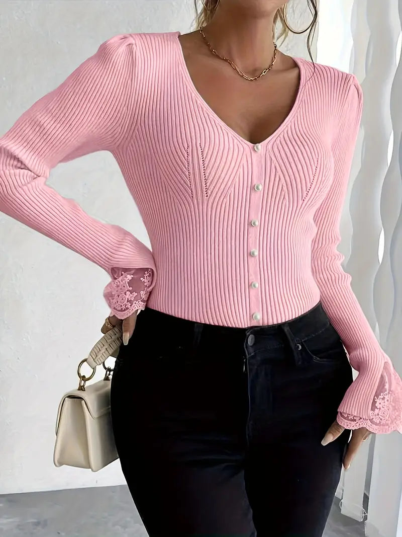 Jersey Elegante de Canalé con Encaje Floral - Van Moreau Utrecht