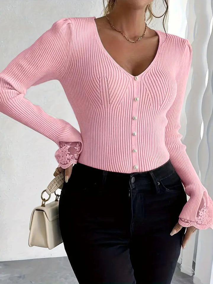 Jersey Elegante de Canalé con Encaje Floral - Van Moreau Utrecht