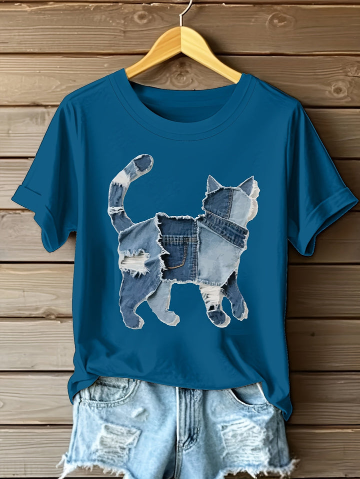 Araceli - Camiseta con Gráfico de Gato en Parchwork de Denim - Van Moreau Utrecht