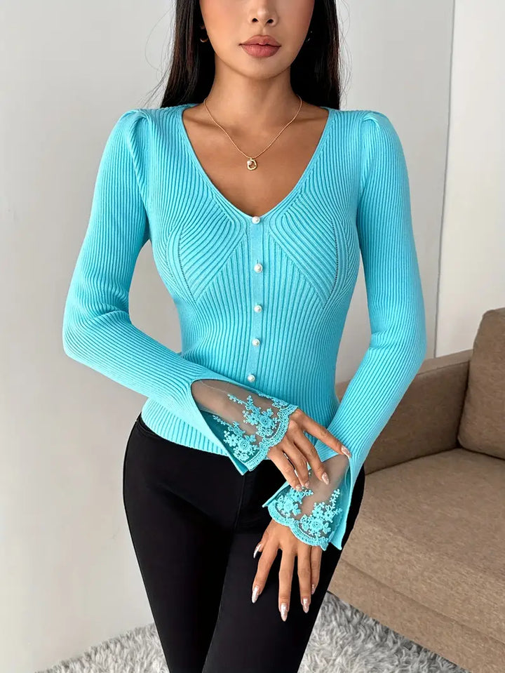Jersey Elegante de Canalé con Encaje Floral - Van Moreau Utrecht