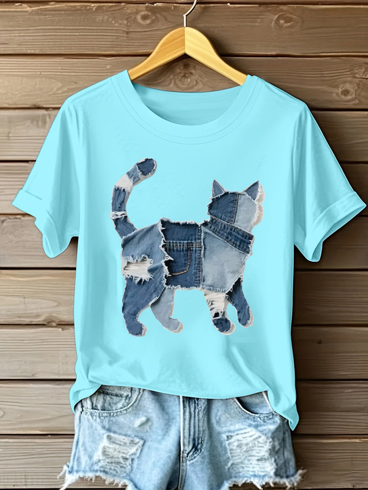 Araceli - Camiseta con Gráfico de Gato en Parchwork de Denim - Van Moreau Utrecht