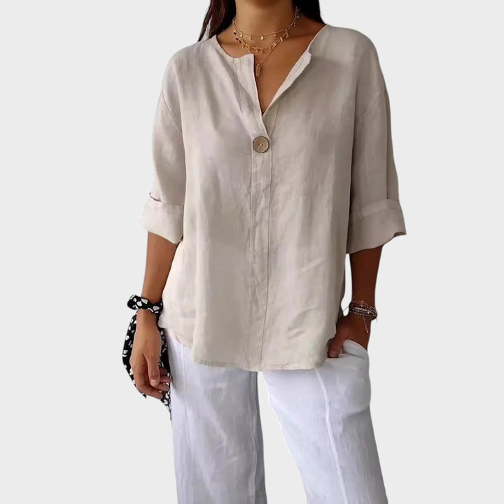Zamma | Blusa de lino con cuello en V - Van Moreau Utrecht