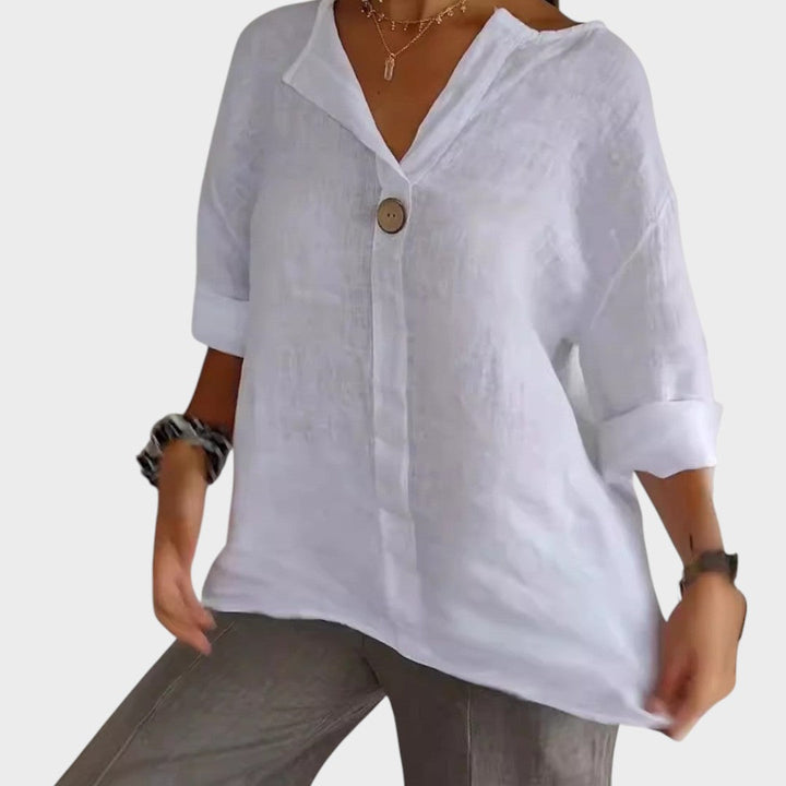 Zamma | Blusa de lino con cuello en V - Van Moreau Utrecht