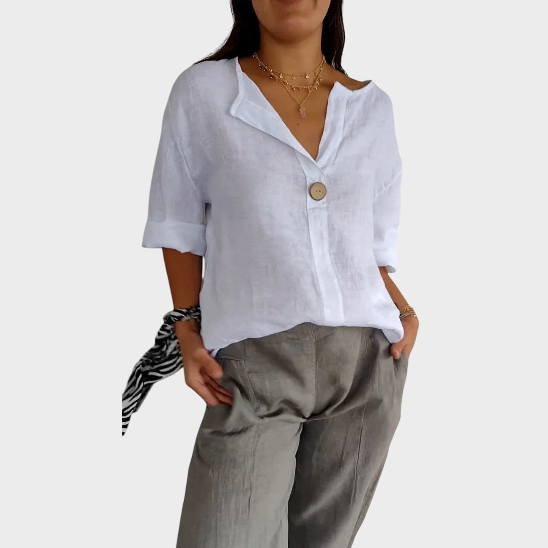 Zamma | Blusa de lino con cuello en V - Van Moreau Utrecht