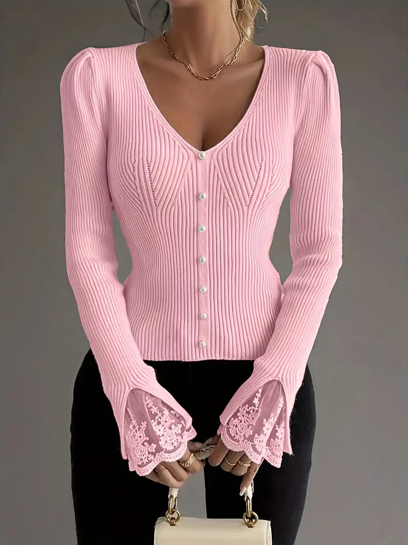 Jersey Elegante de Canalé con Encaje Floral - Van Moreau Utrecht