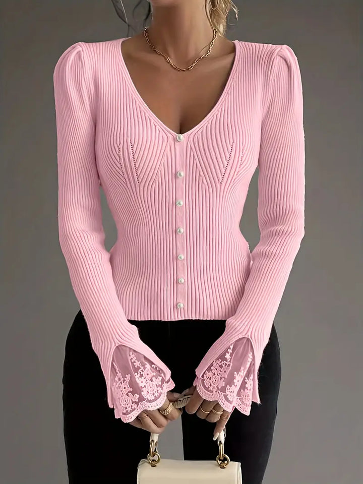 Jersey Elegante de Canalé con Encaje Floral - Van Moreau Utrecht