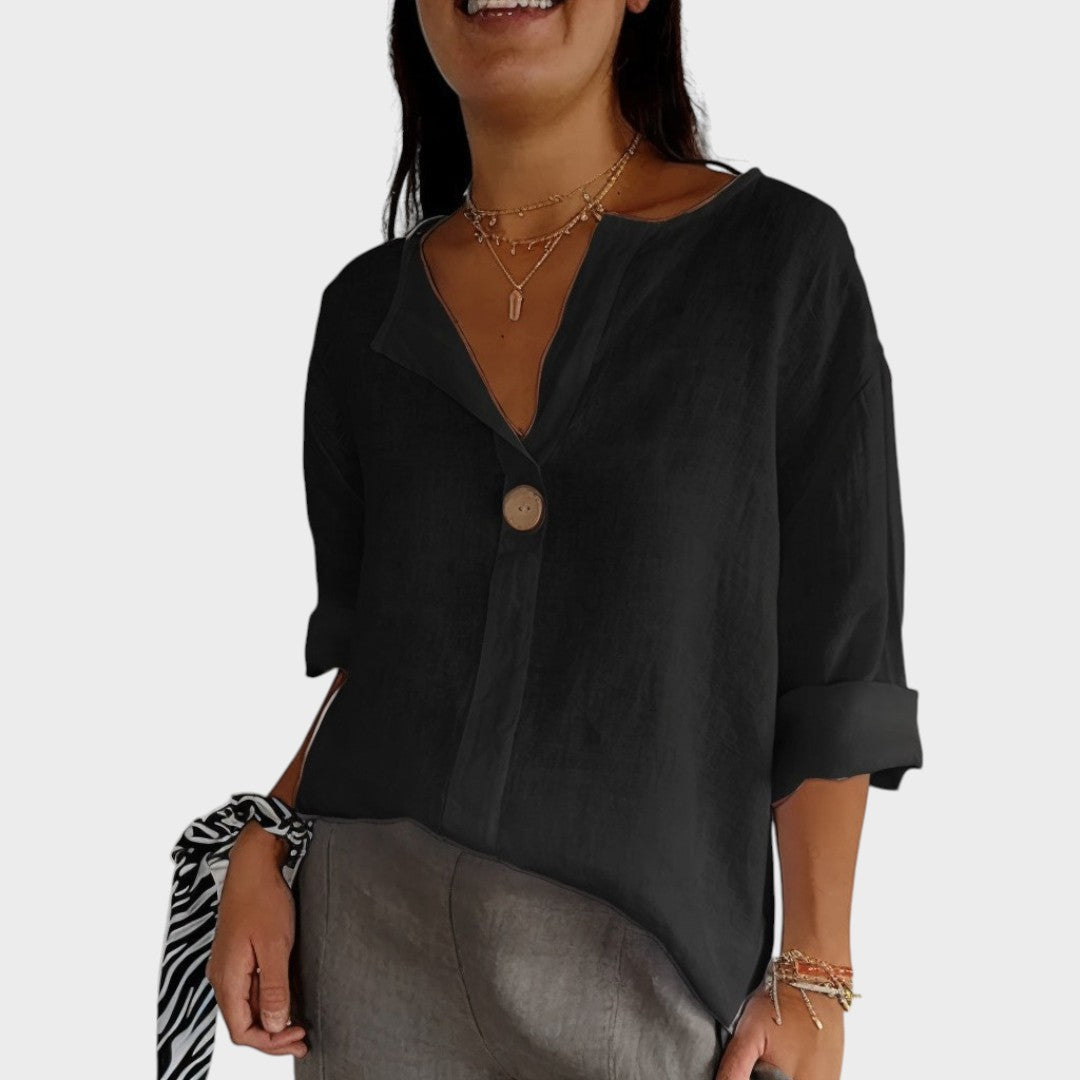 Zamma | Blusa de lino con cuello en V - Van Moreau Utrecht