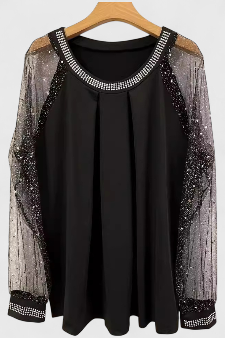 Flor Blusa Elegante con Mangas de Tul y Acentos de Strass - Van Moreau Utrecht
