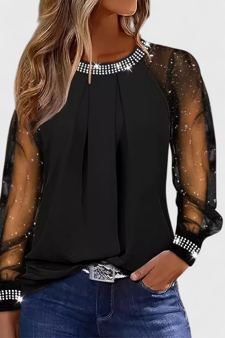 Flor Blusa Elegante con Mangas de Tul y Acentos de Strass - Van Moreau Utrecht