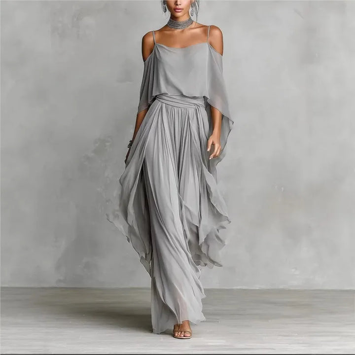 Summer Chiffon Casual Outfit Ladies Elegant Commuting Party Suits Simple Solid Color Off Shoulder Top+Pants Two Piece Set - Van Moreau Utrecht