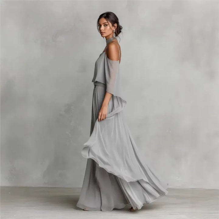 Summer Chiffon Casual Outfit Ladies Elegant Commuting Party Suits Simple Solid Color Off Shoulder Top+Pants Two Piece Set - Van Moreau Utrecht