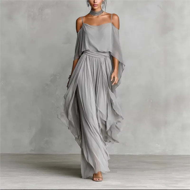 Summer Chiffon Casual Outfit Ladies Elegant Commuting Party Suits Simple Solid Color Off Shoulder Top+Pants Two Piece Set - Van Moreau Utrecht