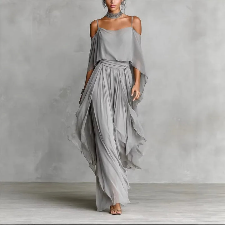 Summer Chiffon Casual Outfit Ladies Elegant Commuting Party Suits Simple Solid Color Off Shoulder Top+Pants Two Piece Set - Van Moreau Utrecht