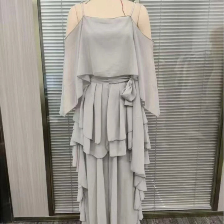 Summer Chiffon Casual Outfit Ladies Elegant Commuting Party Suits Simple Solid Color Off Shoulder Top+Pants Two Piece Set - Van Moreau Utrecht