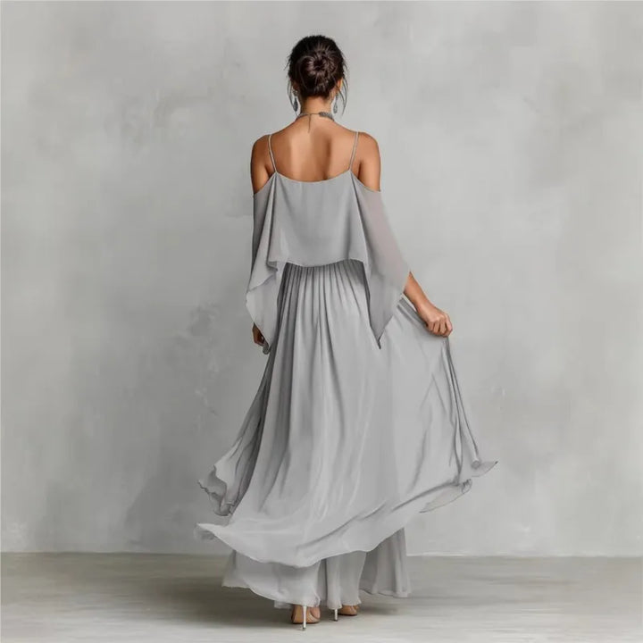 Summer Chiffon Casual Outfit Ladies Elegant Commuting Party Suits Simple Solid Color Off Shoulder Top+Pants Two Piece Set - Van Moreau Utrecht