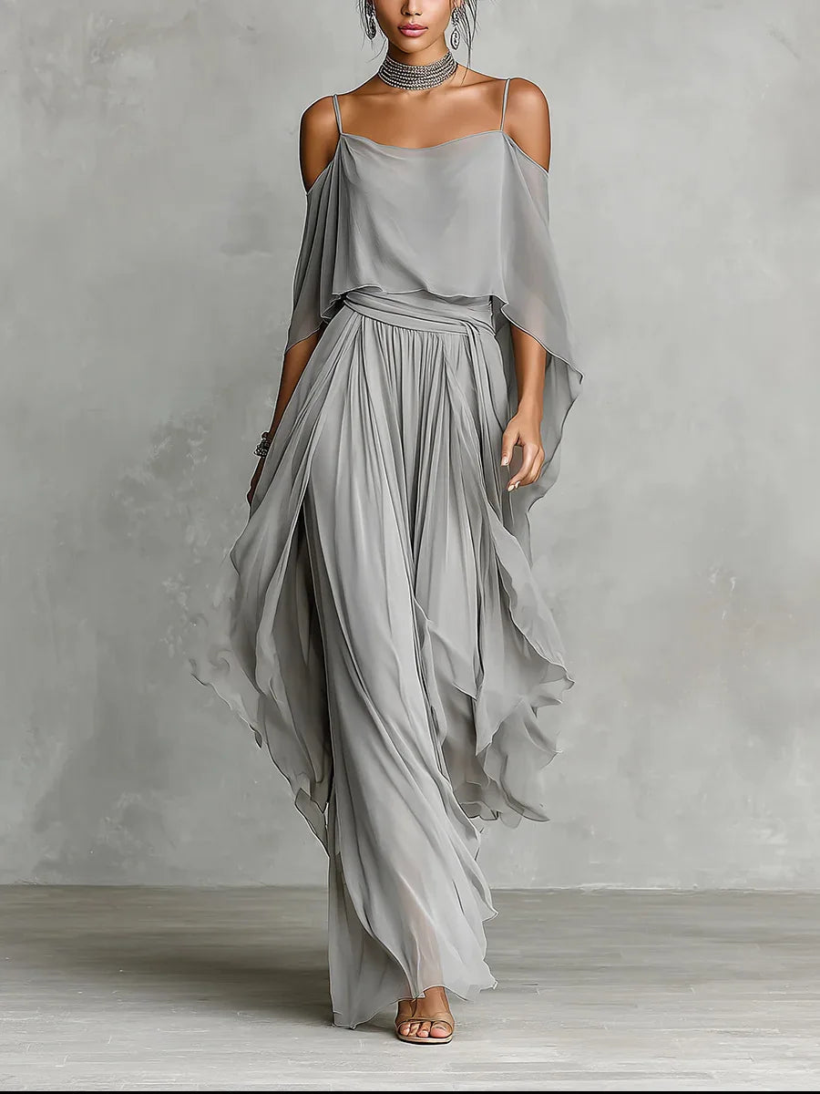 Summer Chiffon Casual Outfit Ladies Elegant Commuting Party Suits Simple Solid Color Off Shoulder Top+Pants Two Piece Set - Van Moreau Utrecht
