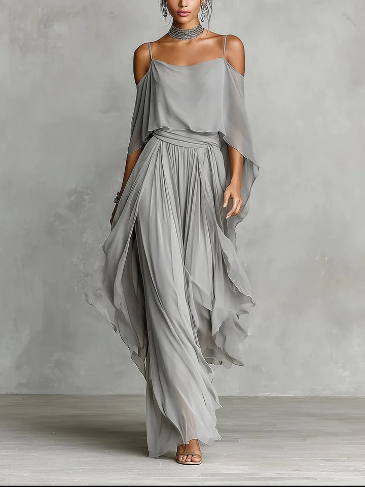 Summer Chiffon Casual Outfit Ladies Elegant Commuting Party Suits Simple Solid Color Off Shoulder Top+Pants Two Piece Set - Van Moreau Utrecht