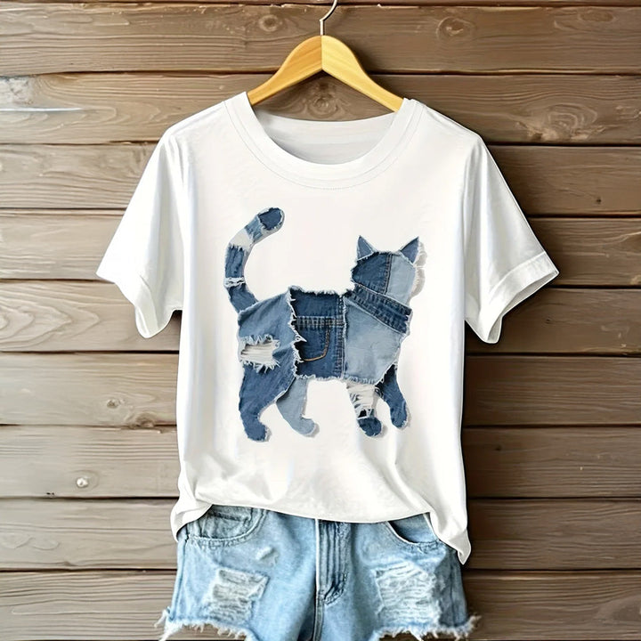Araceli - Camiseta con Gráfico de Gato en Parchwork de Denim - Van Moreau Utrecht