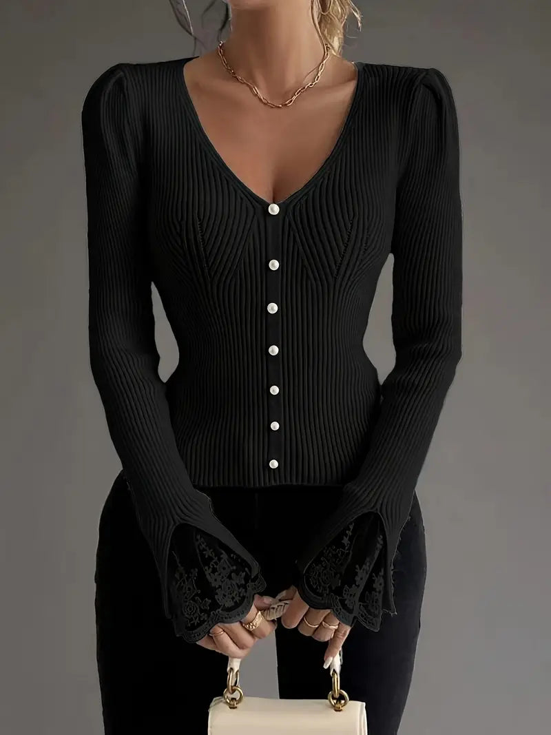 Jersey Elegante de Canalé con Encaje Floral - Van Moreau Utrecht