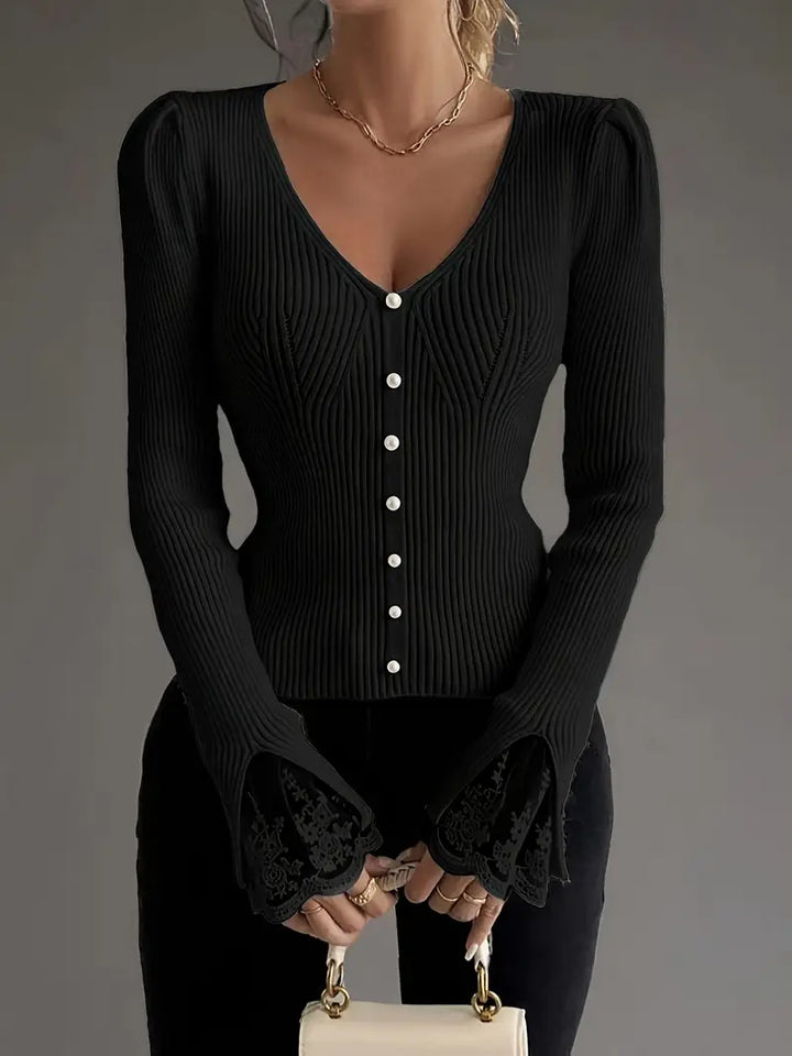Jersey Elegante de Canalé con Encaje Floral - Van Moreau Utrecht