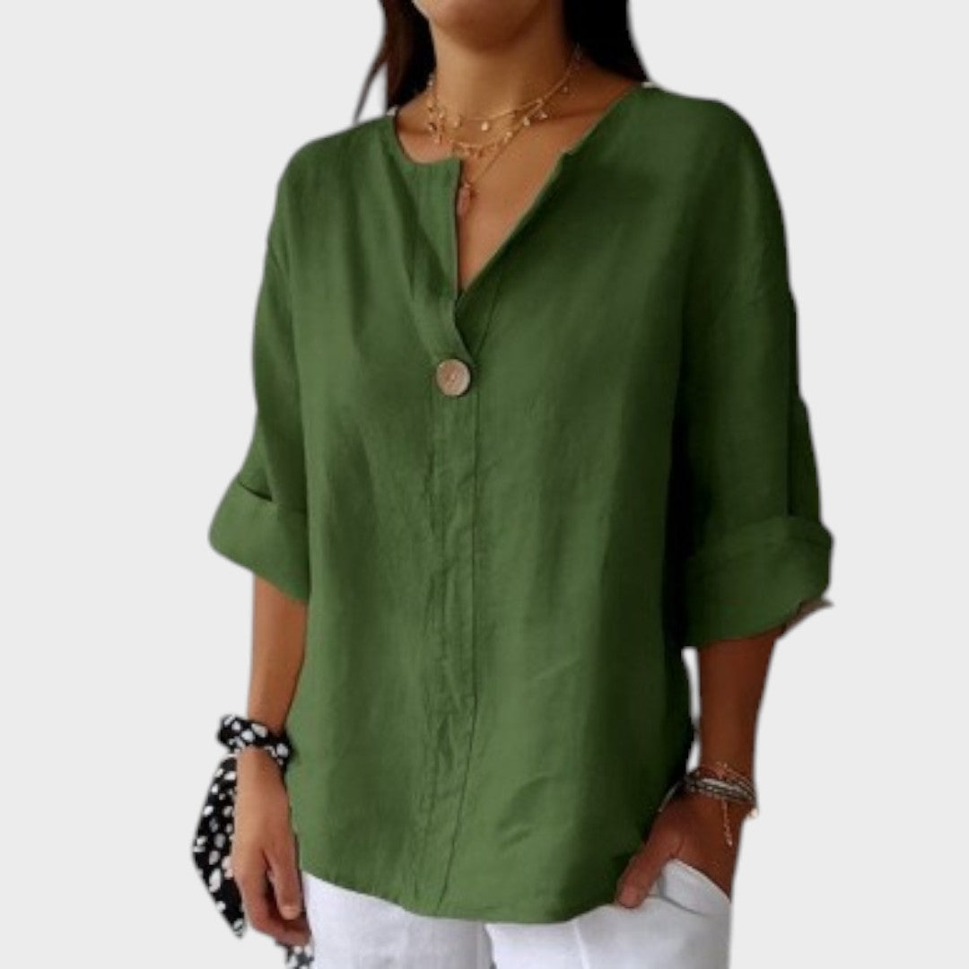 Zamma | Blusa de lino con cuello en V - Van Moreau Utrecht