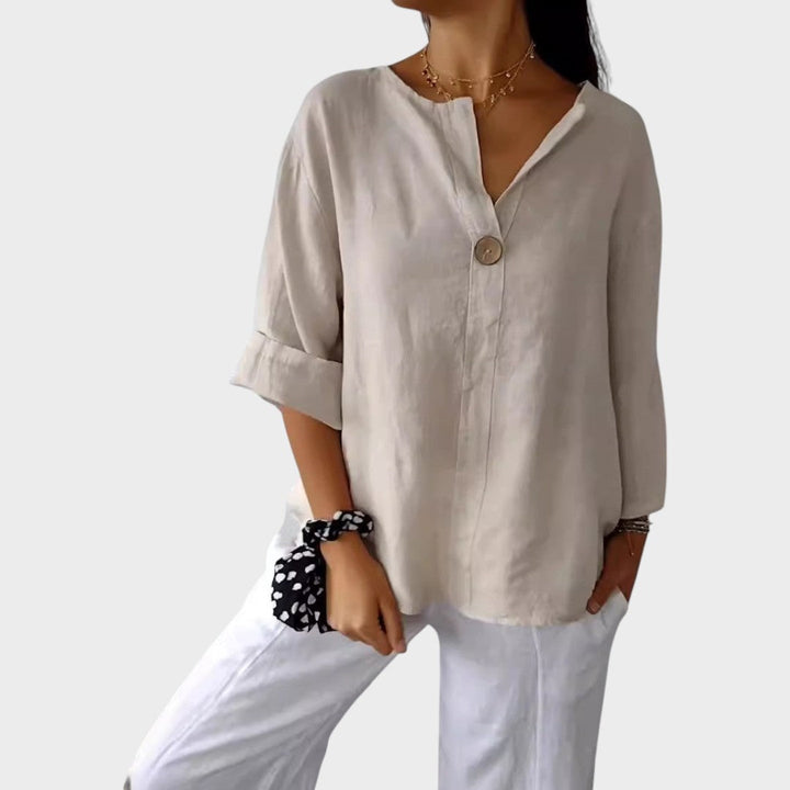 Zamma | Blusa de lino con cuello en V - Van Moreau Utrecht