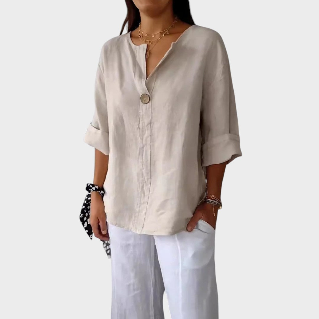 Zamma | Blusa de lino con cuello en V - Van Moreau Utrecht