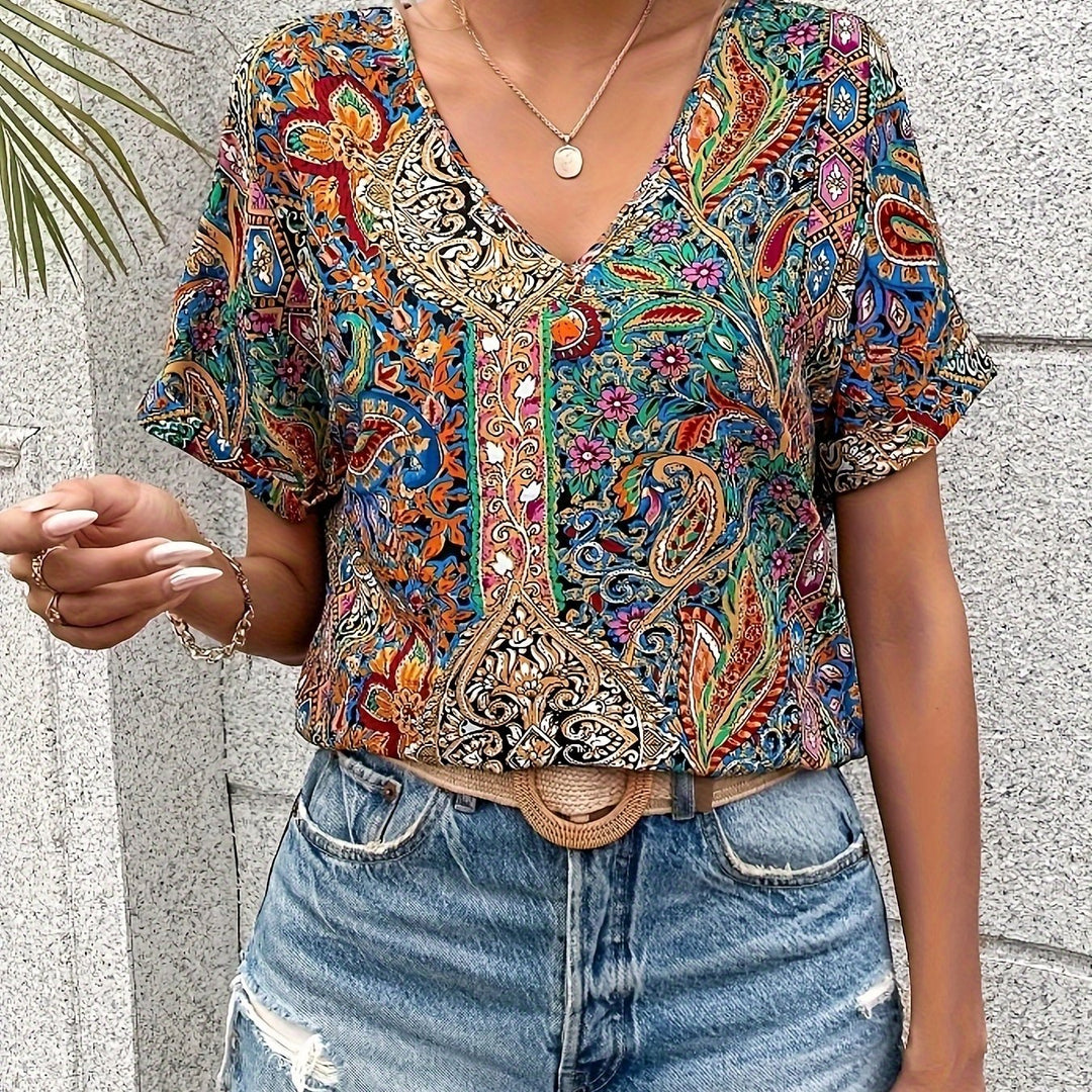 Blusa elegante con estampado cachemir y cuello en V - Van Moreau Utrecht