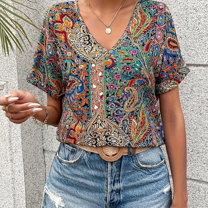 Blusa elegante con estampado cachemir y cuello en V - Van Moreau Utrecht