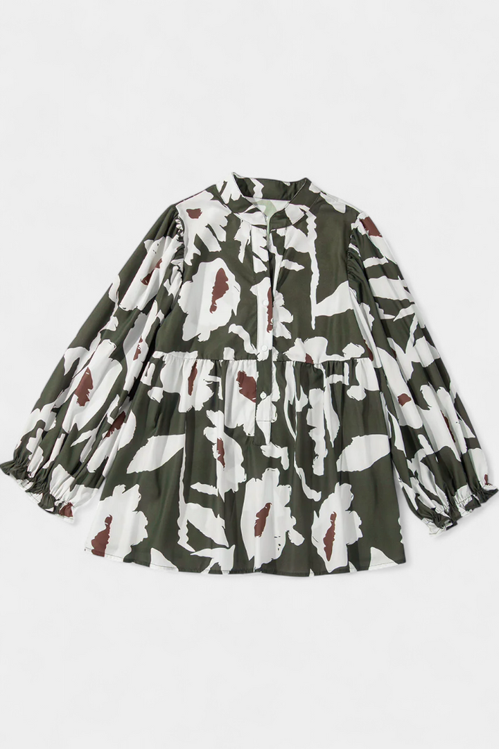 Filomena Blusa con Media Botonadura y Manga Abullonada en Estampado Floral Abstracto - Van Moreau Utrecht