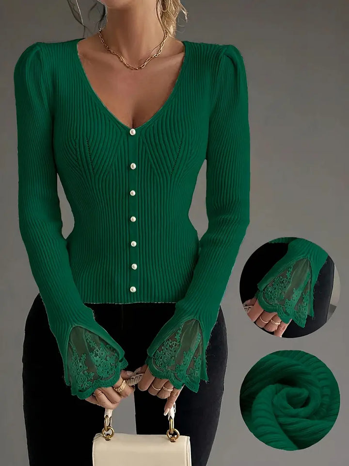 Jersey Elegante de Canalé con Encaje Floral - Van Moreau Utrecht