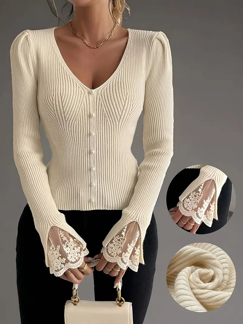 Jersey Elegante de Canalé con Encaje Floral - Van Moreau Utrecht