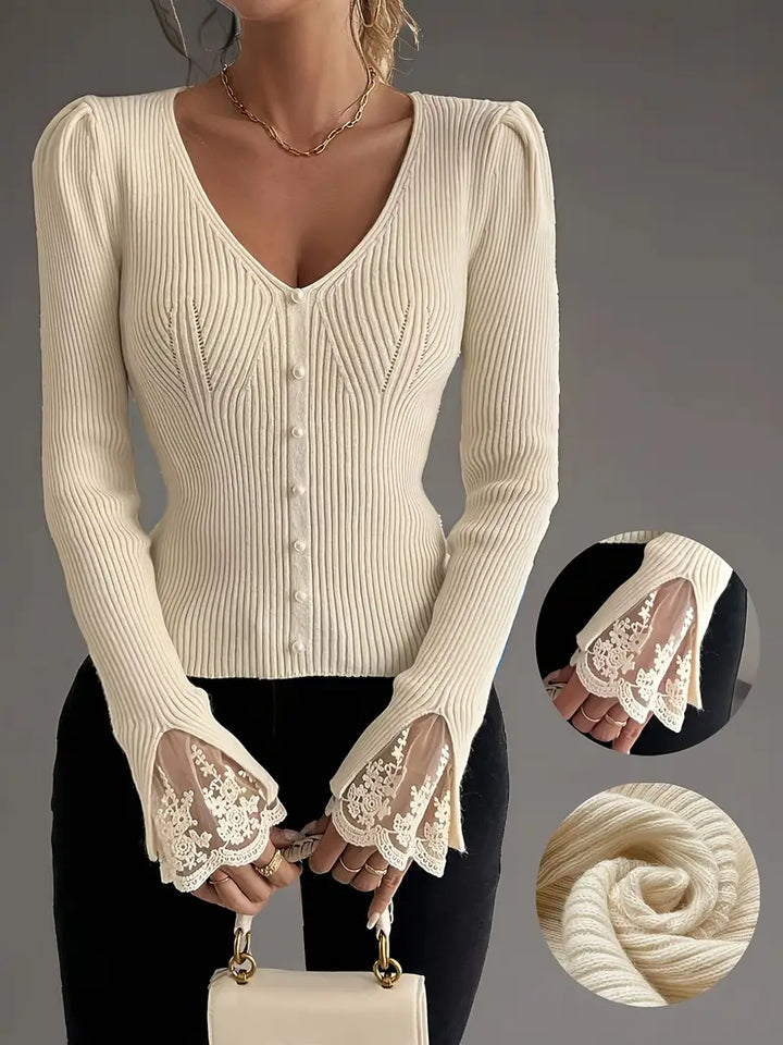 Jersey Elegante de Canalé con Encaje Floral - Van Moreau Utrecht