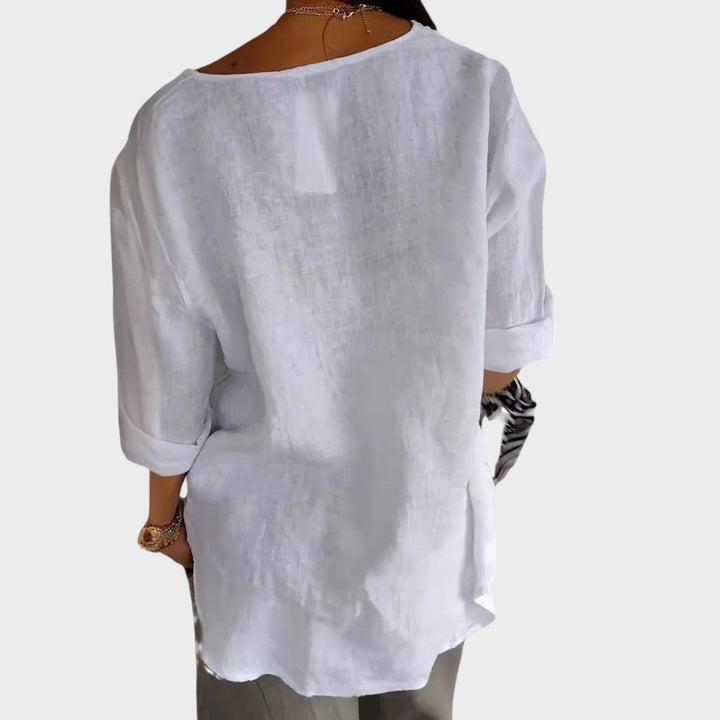 Zamma | Blusa de lino con cuello en V - Van Moreau Utrecht