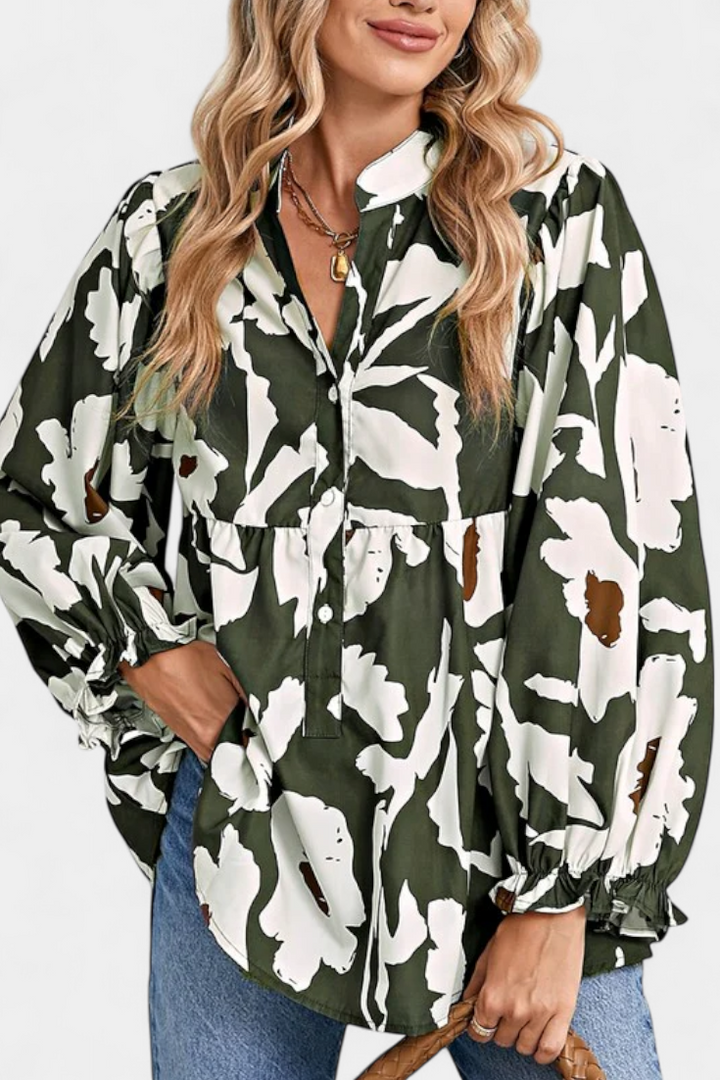 Filomena Blusa con Media Botonadura y Manga Abullonada en Estampado Floral Abstracto - Van Moreau Utrecht