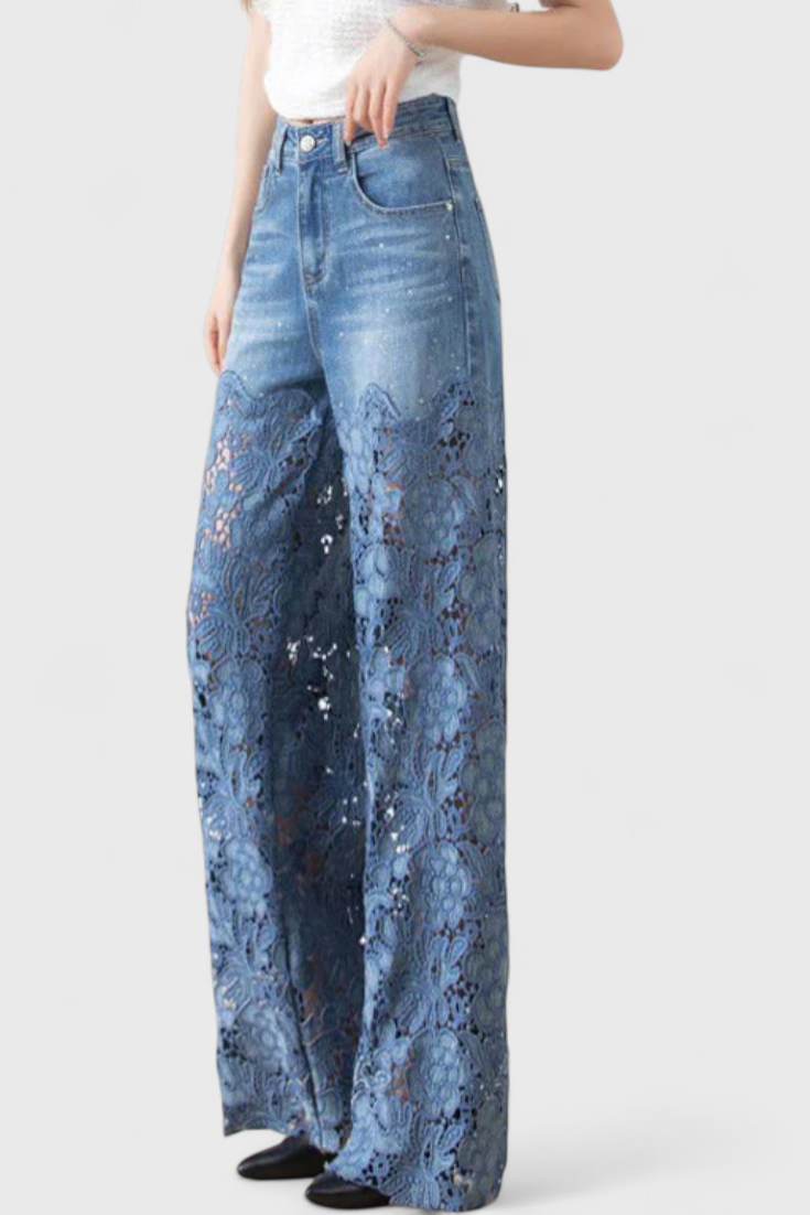 Jasiel | Pantalón Palazzo de Encaje Denim con Bordado Floral - Van Moreau Utrecht