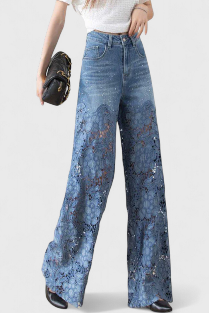 Jasiel | Pantalón Palazzo de Encaje Denim con Bordado Floral - Van Moreau Utrecht