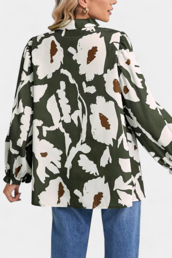 Filomena Blusa con Media Botonadura y Manga Abullonada en Estampado Floral Abstracto - Van Moreau Utrecht