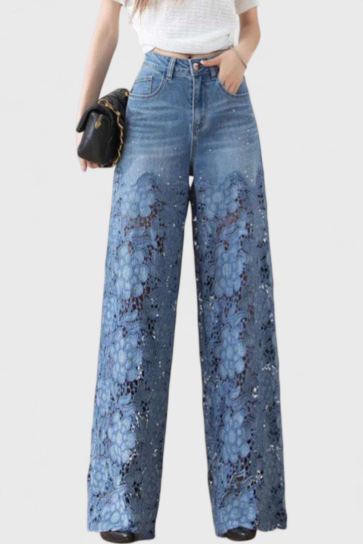 Jasiel | Pantalón Palazzo de Encaje Denim con Bordado Floral - Van Moreau Utrecht