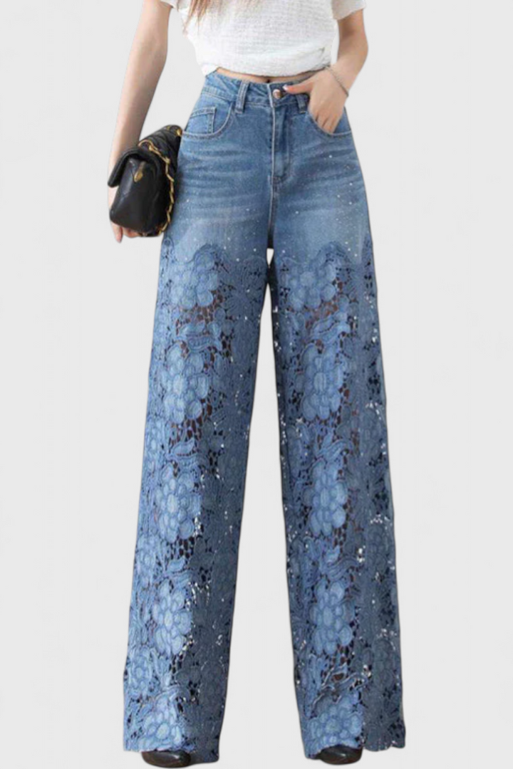 Jasiel | Pantalón Palazzo de Encaje Denim con Bordado Floral - Van Moreau Utrecht