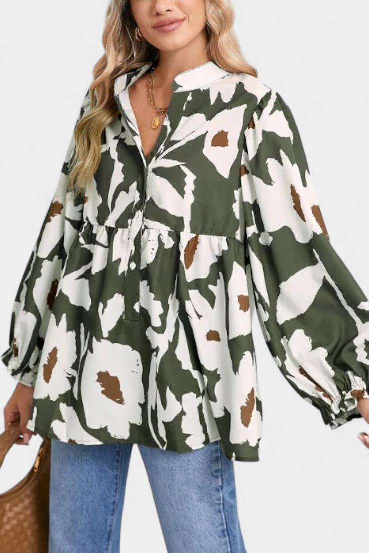 Filomena Blusa con Media Botonadura y Manga Abullonada en Estampado Floral Abstracto - Van Moreau Utrecht