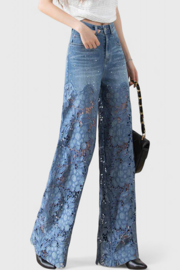 Jasiel | Pantalón Palazzo de Encaje Denim con Bordado Floral - Van Moreau Utrecht