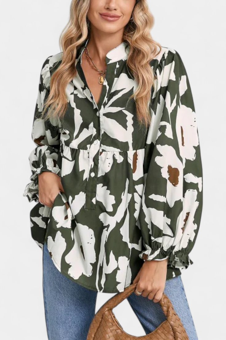 Filomena Blusa con Media Botonadura y Manga Abullonada en Estampado Floral Abstracto - Van Moreau Utrecht