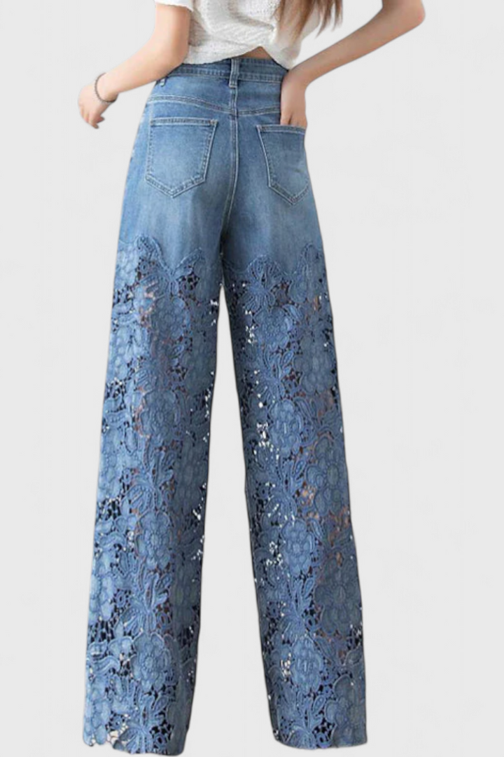 Jasiel | Pantalón Palazzo de Encaje Denim con Bordado Floral - Van Moreau Utrecht