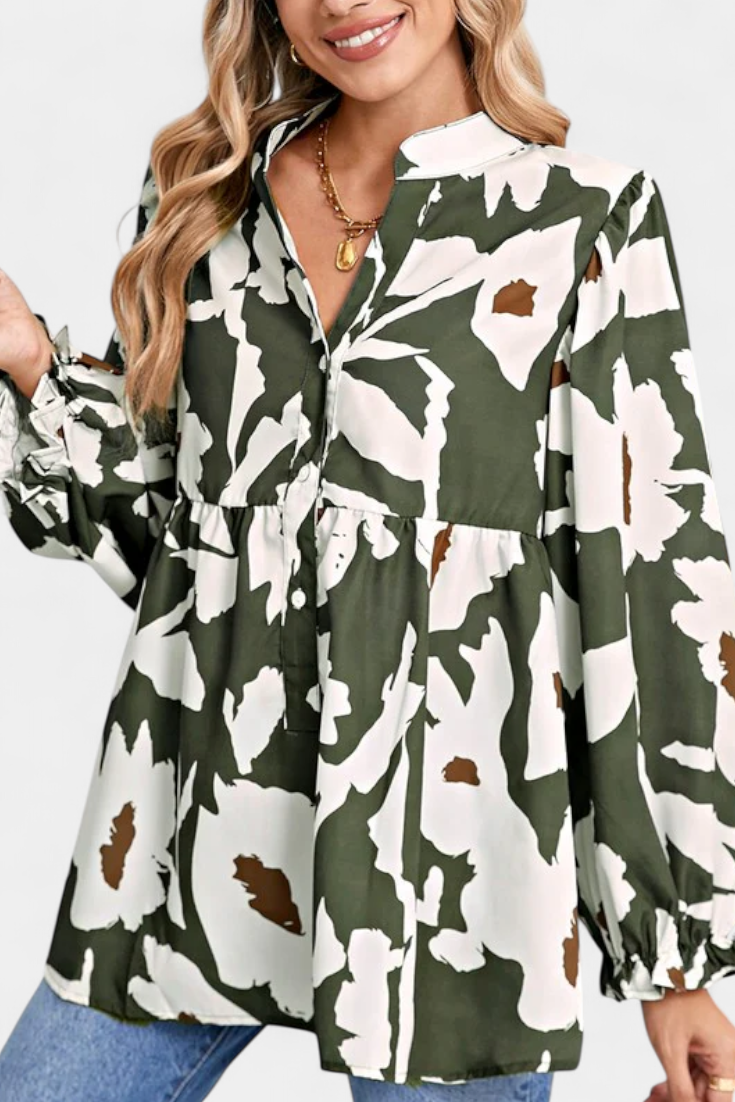 Filomena Blusa con Media Botonadura y Manga Abullonada en Estampado Floral Abstracto - Van Moreau Utrecht